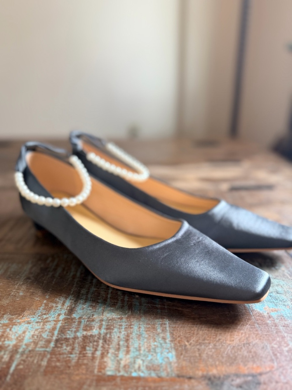 Black Pearl-Trim Slingback Flats for Women